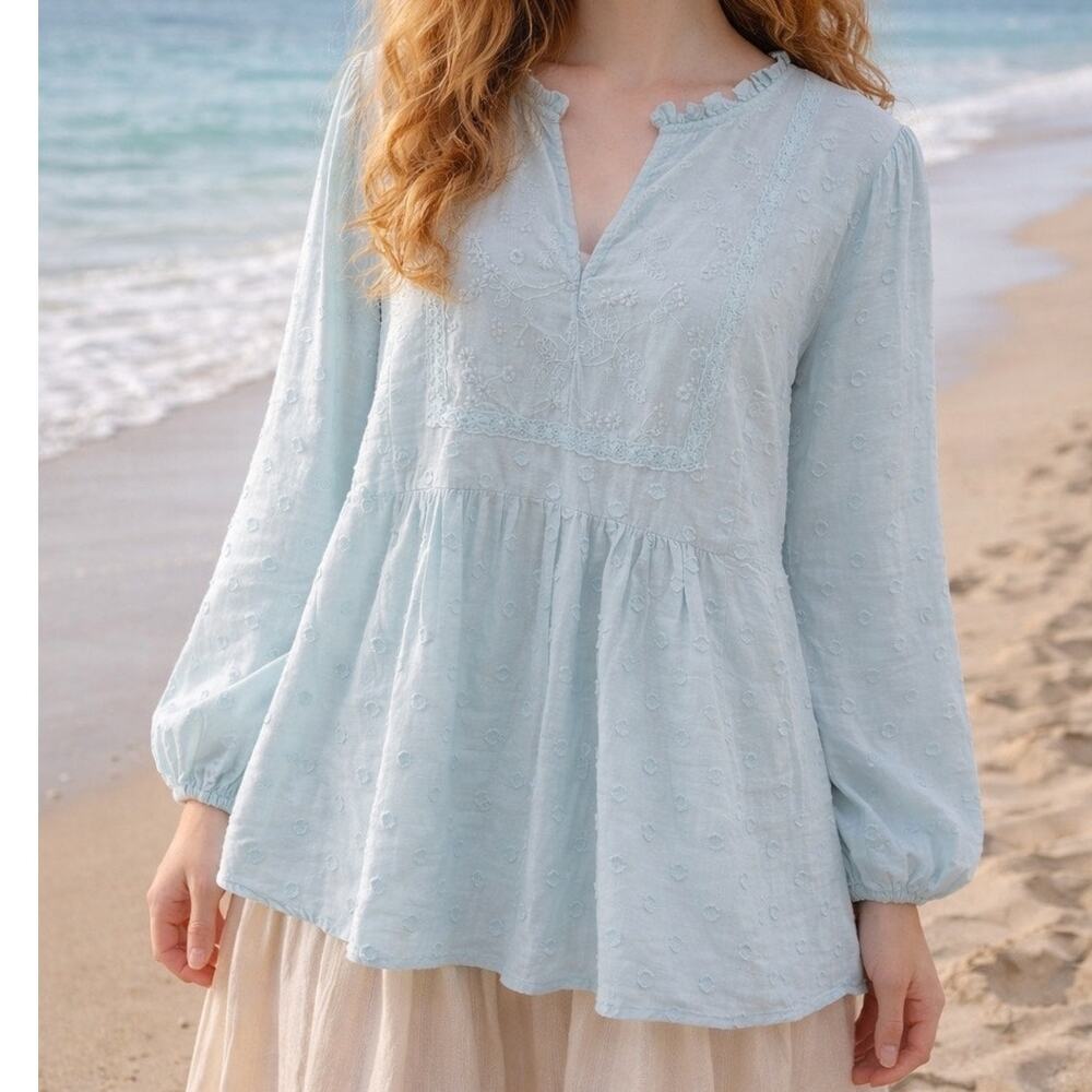 Torrid Womens 2XL Blue Swiss Dot Embroidered Peasant Blouse Boho Babydoll Top